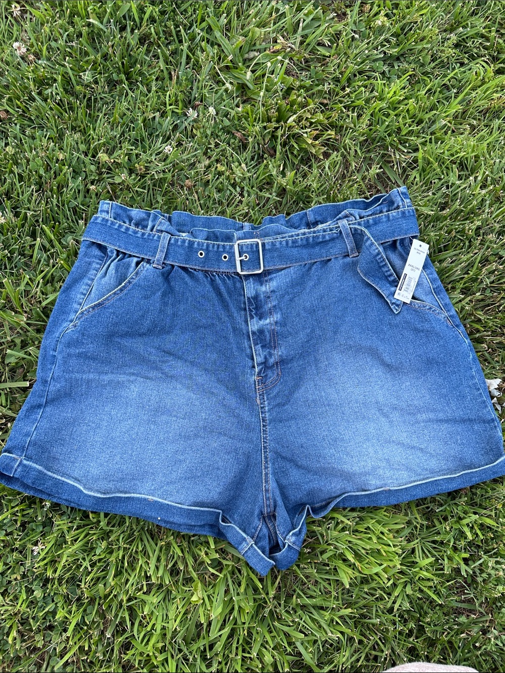 Women's Blue Denim Elastic Waist Belted Shorts